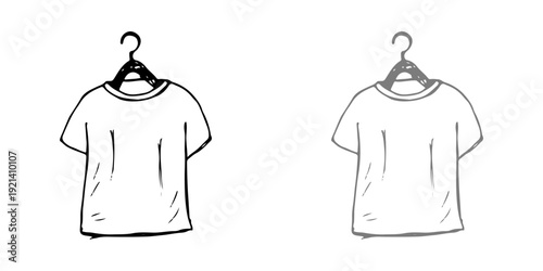 Hand-drawn t-shirt illustrations on hangers, black and white outline color