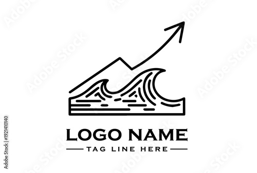 Black and white line drawing of a logo featuring a wave and mountain with an upward arrow, on a clean white background.