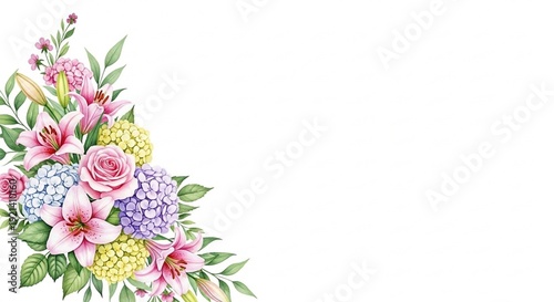 Watercolor bouquet of pink lilies roses hydrangeas and green leaves on white background mothers day background download 2026 2027