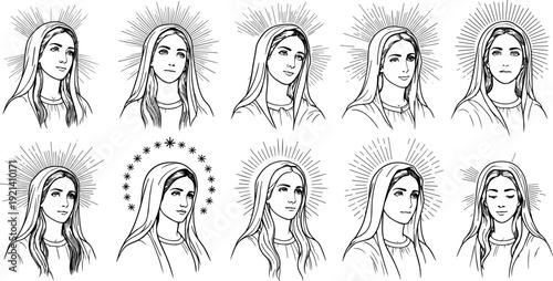 Set of Virgin Mary line art portraits with halos and star crowns for Catholic religious icons and spiritual vector designs