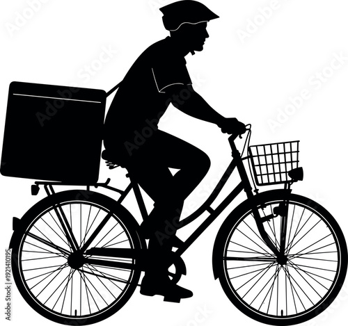 Silhouette of a delivery person on a bicycle with a thermal backpack and front basket riding for urban food logistics.