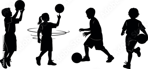 Silhouettes of active children playing basketball and soccer sports including shooting spinning ball on finger dribbling and running with ball
