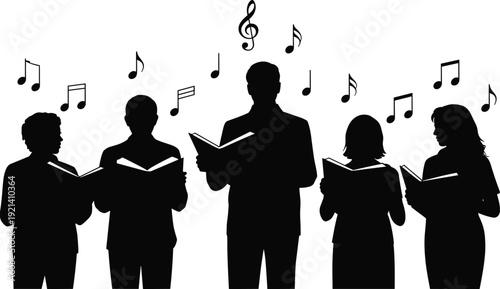 Choir singing silhouette illustration with music notes, vocal ensemble performance vector, harmony group design, musical art concept, collective song artwork