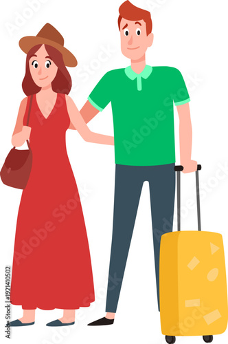 Traveling couple standing with luggage planning vacation