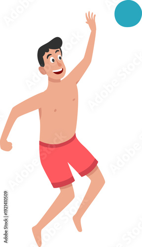 Young man jumping playing with a blue ball