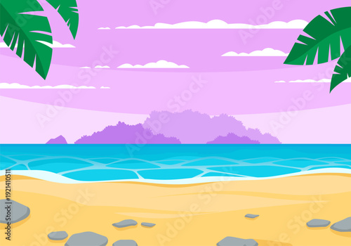 Tropical beach scene with palm leaves and islands