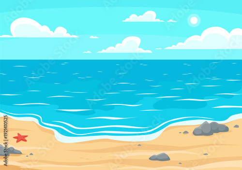 Summer beach scene with ocean waves and starfish