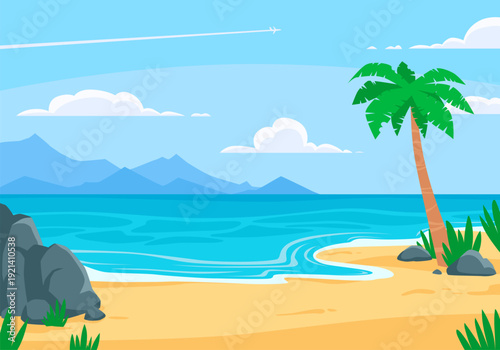 Tropical beach landscape with palm tree and distant airplane