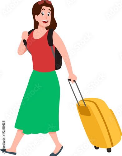 Smiling woman traveling walking pulling yellow luggage