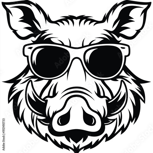Illustrated boar head with sunglasses displays a bold, stylish, and fierce appearance in solid black