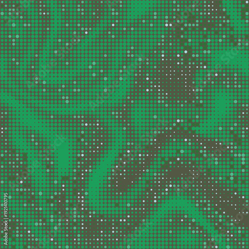 Green halftone wavy dots camouflage with speckled. Seamless camo pattern. Digital military texture in dots shape. Vector monochrome wallpaper