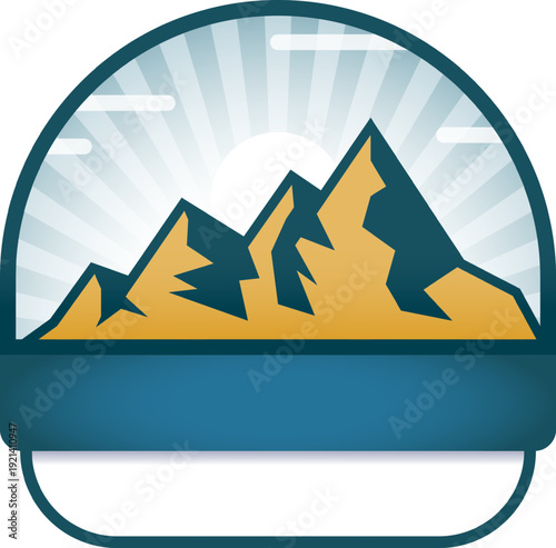 Mountain peaks with sun rays badge logo design