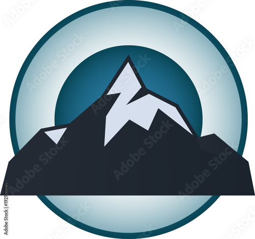 Mountain peaks with snow in blue circle logo