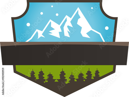 Mountain forest landscape displaying nature adventure emblem