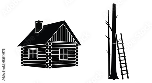 A rustic log cabin with a ladder and trees a bold silhouette