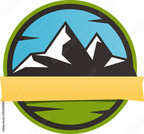 Mountain peaks with snow in circle emblem