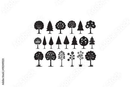 Collection of various tree silhouettes with different shapes including pine oak and flowering species isolated on white background for design work