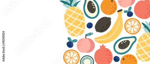 Healthy tropical fruit mix border on white background