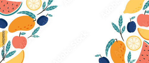 Colorful tropical fruits creating frame for copy space