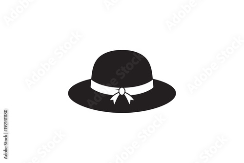 Black silhouette of elegant ladies sun hat with white ribbon and bow around crown, isolated on white background