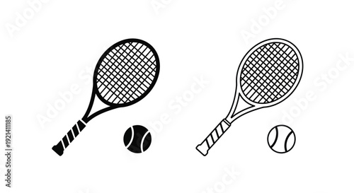 Two tennis rackets and balls depicted in a stark black silhouette