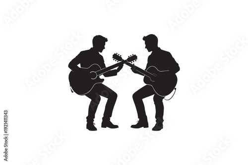 Two silhouette men playing acoustic guitars side by side duo band musical performance with instruments on white background