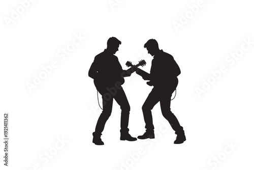 Two silhouette men playing acoustic guitars standing, energetic band musical performance with instruments on white background