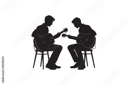 Two silhouette men playing acoustic guitars seated on chairs, harmonious musical performance duo band on white background