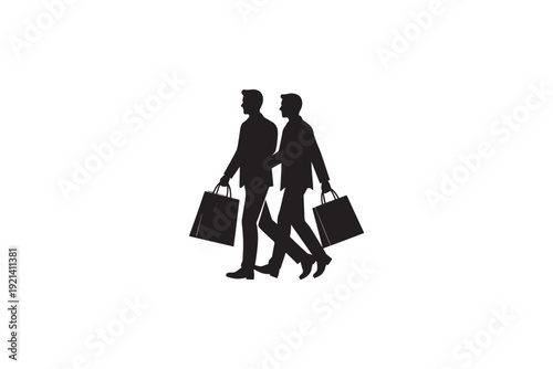 Black silhouette of two businessmen walking with shopping bags against white background depicting professional men enjoying consumerism and retail