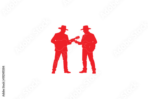 Red silhouette of two guitarists wearing cowboy hats performing together on white background representing country music duo or folk band performance