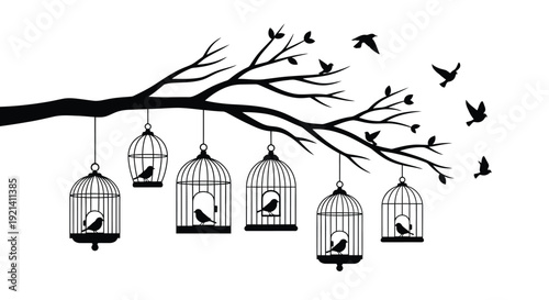 Branch with hanging birdcages and flying birds a dark silhouette