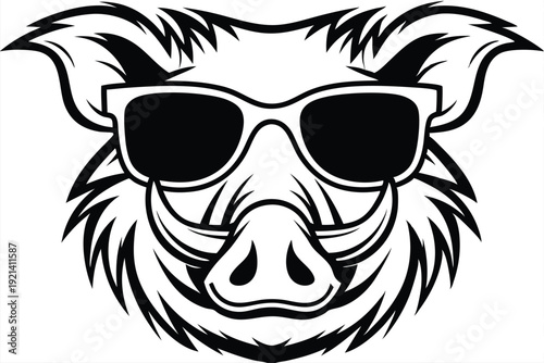Stylish boar head proudly displays cool sunglasses in a bold, confident black and white