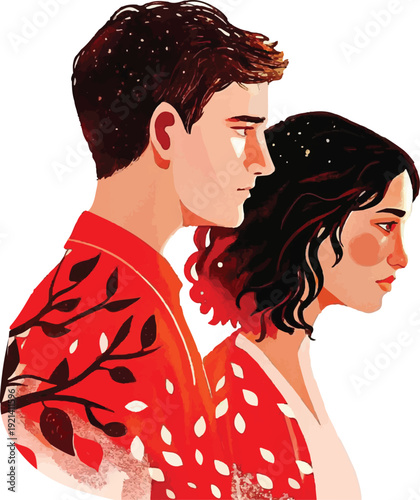Artistic Portrait of Young Couple in Red Contemporary Vector Illustration