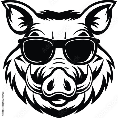 Black and white boar face wears sunglasses, shown from the front with a stylish edge