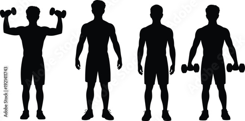 Athletic man lifting dumbbells silhouettes, bodybuilding fitness workout training concept isolated on white background strength exercise illustration