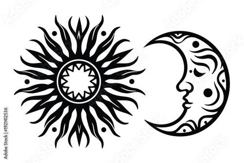 Black silhouette sun and serene moon showcase celestial bodies on a white background