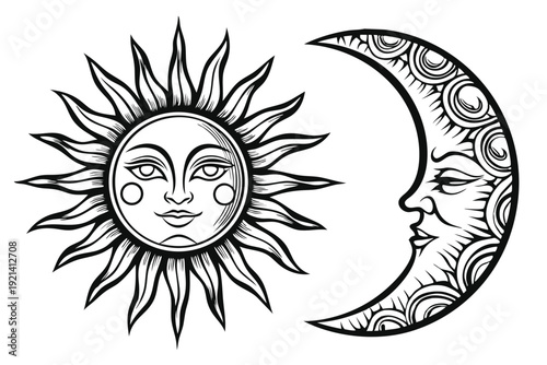 Illustrated sun and moon showcase creative black curves on a pristine white surface