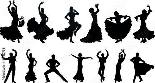 Collection of professional flamenco dancer silhouettes with men and women in traditional Spanish costumes performing expressive dance moves and passionate cultural poses