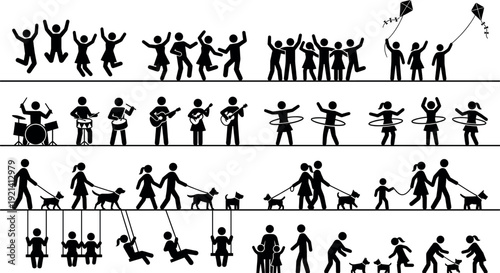 Large set of stick figure silhouettes performing various outdoor activities including playing music walking dogs swinging and family leisure isolated on white