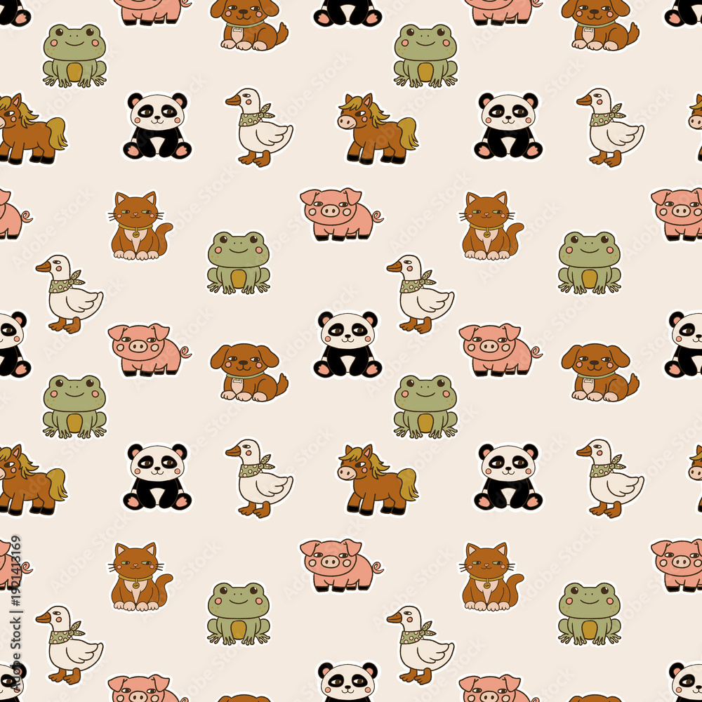 Fototapeta premium Seamless pattern with cute hand drawn animals including panda, frog, pig, dog and cat. Playful cartoon background for kids textiles, wallpapers, wrapping paper and stationery.