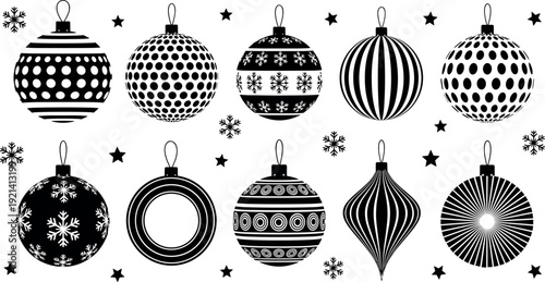 Set of Christmas ball ornaments silhouettes with snowflakes and stars black and white vector icons for winter holiday seasonal decoration and festive design