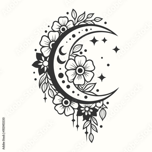 Crescent moon adorned with flowers, leaves, stars, moons and geometric teardrop patterns creates celestial art