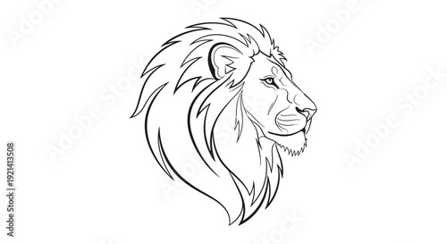 A majestic lion's head is depicted in a simple line drawing, showcasing its mane and facial features from a side view.