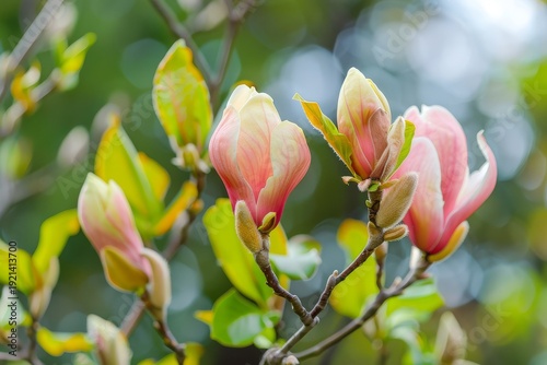Pink magnolia blossom buds leaves spring branch macro bloom floral nature soft bokeh background