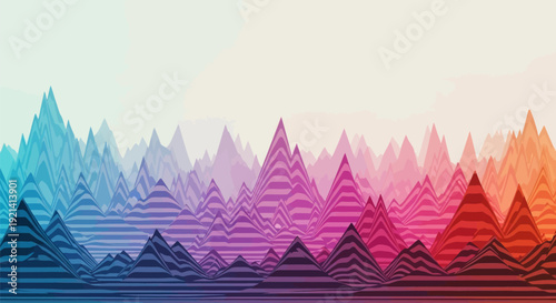 Vibrant multi colored mountain range landscape with gradient hues of blue purple pink and orange abstract geometric shapes serene atmosphere digital illustration for backgrounds