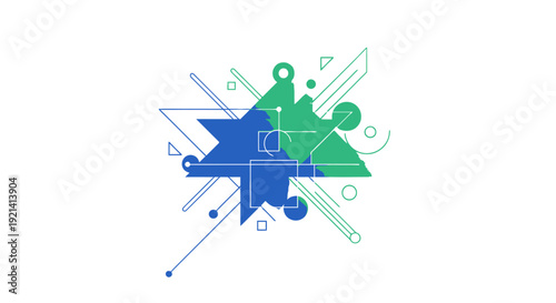 Geometric shapes and abstract elements intersecting in a dynamic composition viewed from directly above