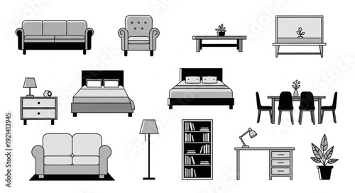 Furniture Icons Set Black White Illustration.