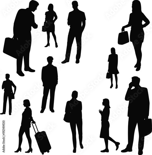 business people silhouettes, office professionals, corporate workers, commuting business, teamwork concept, modern lifestyle, standing poses