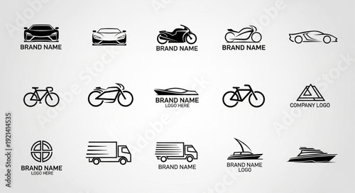 Collection of vehicle and transportation logos and icons.
