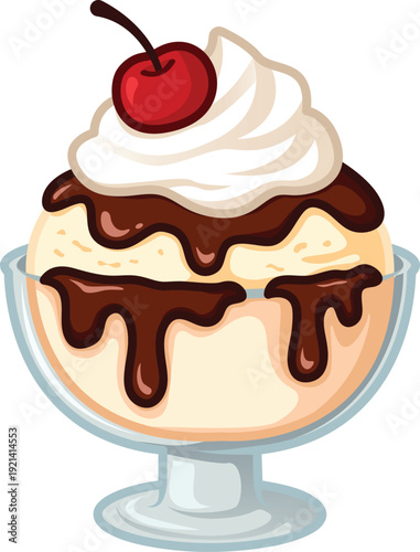 Delicious ice cream sundae served in a glass dessert bowl topped with chocolate syrup, whipped cream, and cherry. Cute flat vector illustration isolated on light background.